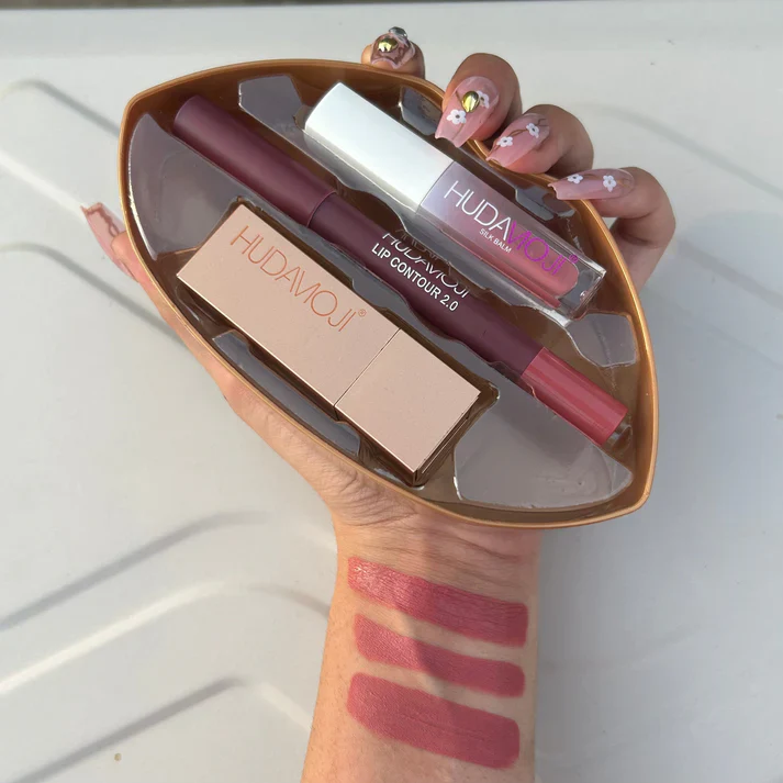 3 in 1 Hudamoji Set Velvet Matte Lipstick , Waterproof Lip Pencil & Lip Gloss Set - Image 3