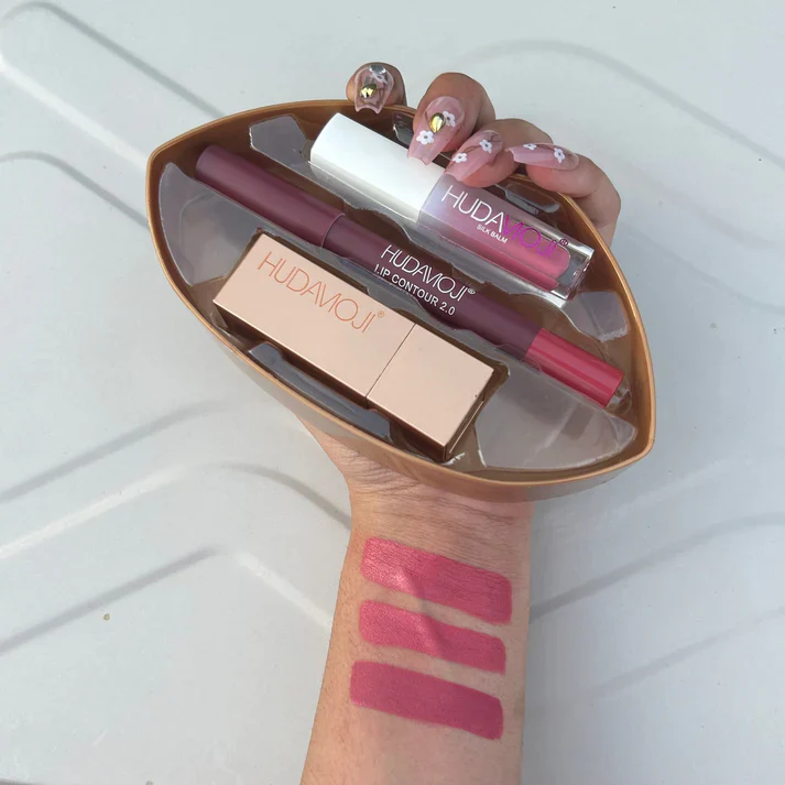 3 in 1 Hudamoji Set Velvet Matte Lipstick , Waterproof Lip Pencil & Lip Gloss Set - Image 4