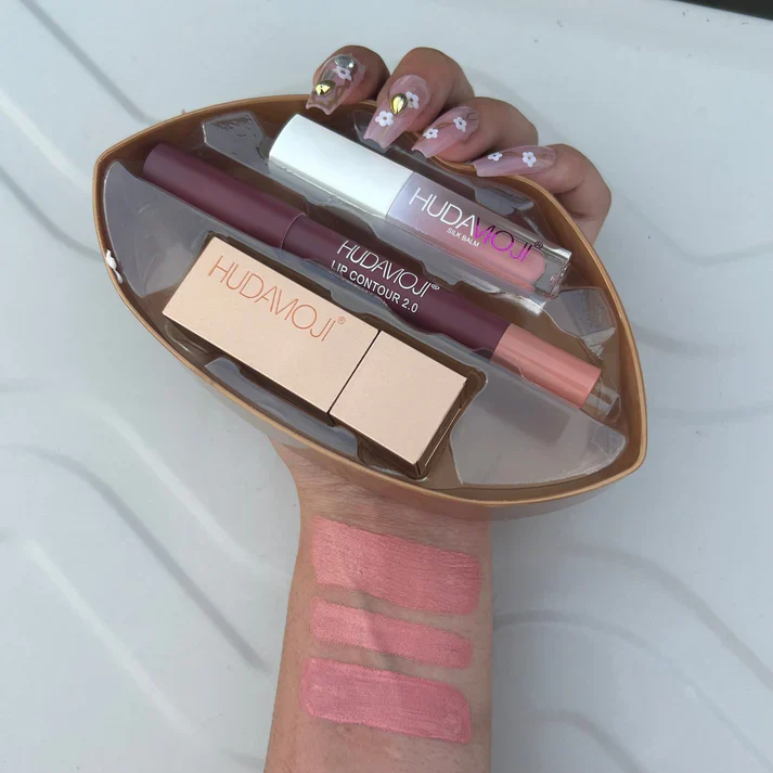 3 in 1 Hudamoji Set Velvet Matte Lipstick , Waterproof Lip Pencil & Lip Gloss Set - Image 5