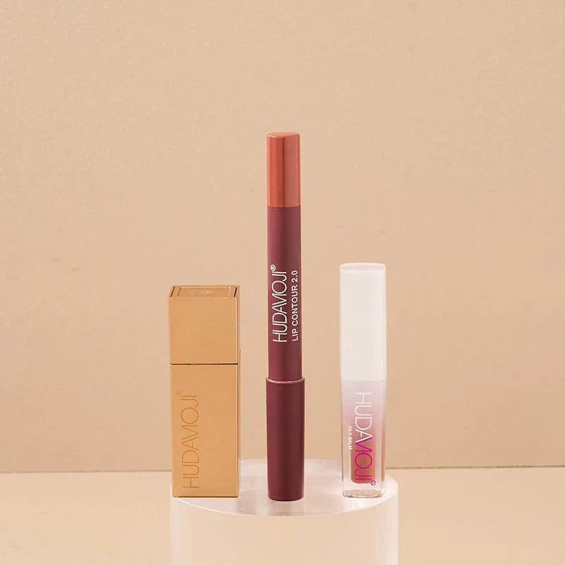 3 in 1 Hudamoji Set Velvet Matte Lipstick , Waterproof Lip Pencil & Lip Gloss Set - Image 6