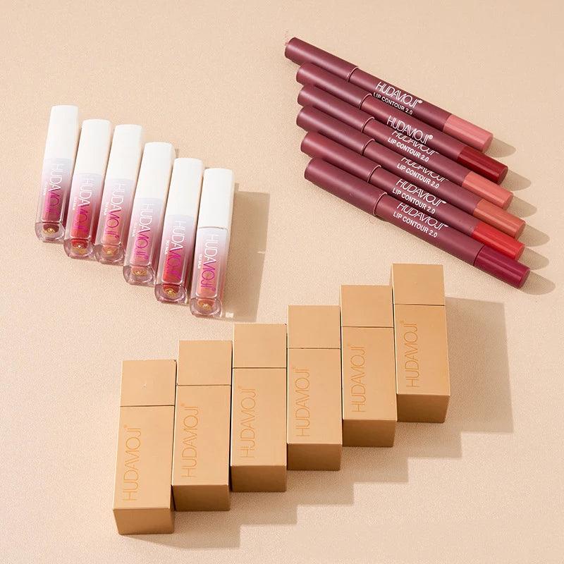 3 in 1 Hudamoji Set Velvet Matte Lipstick , Waterproof Lip Pencil & Lip Gloss Set - Image 7